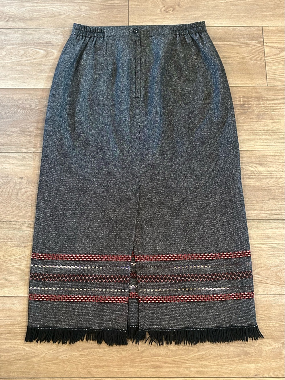 Vintage 80/90s Nouveaux Petite Wool Blend Fringe Skirt Charcoal 10P 33” - Picture 4 of 6